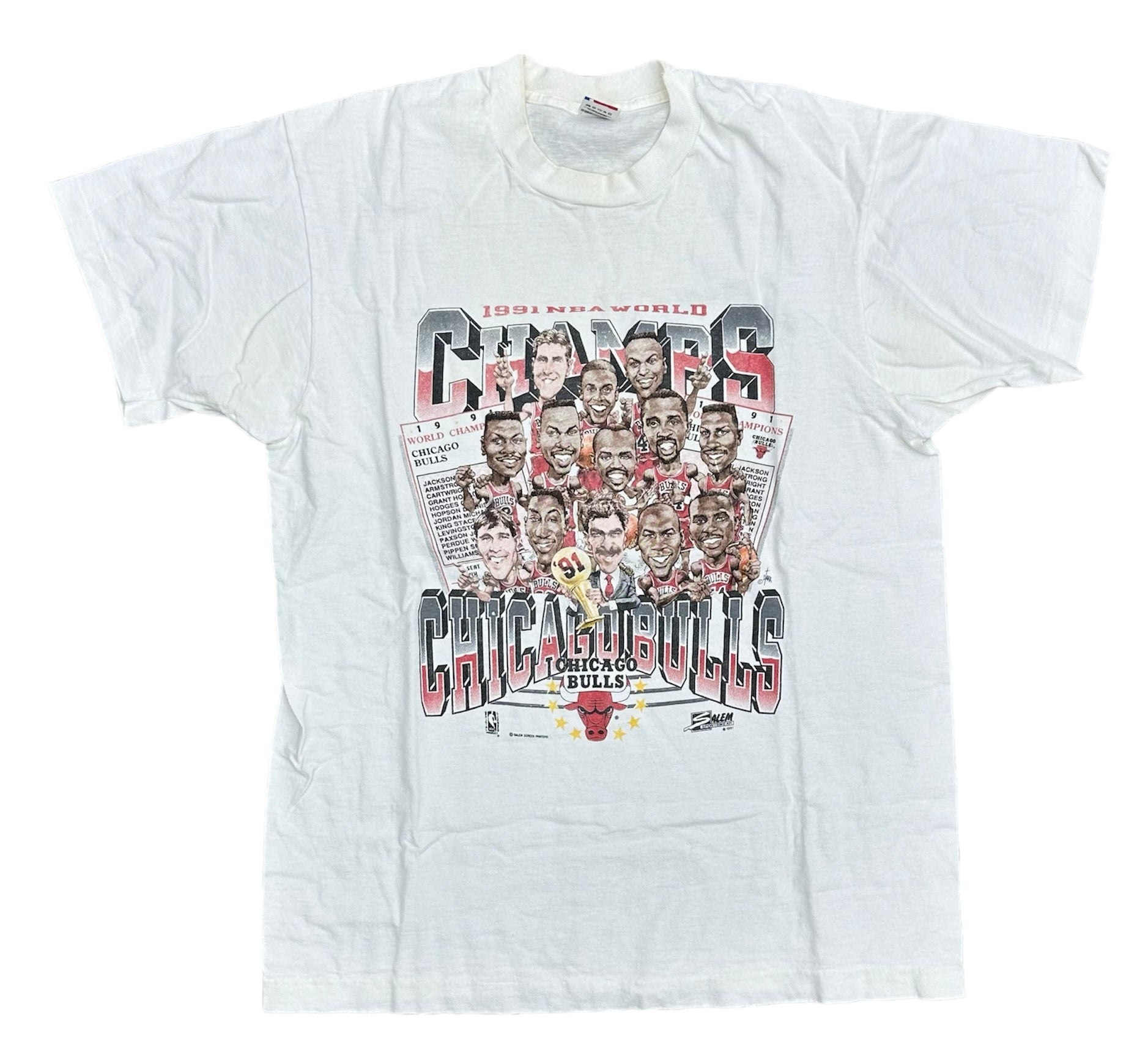 1991 CHICAGO BULLS NBA WORLD CHAMPS CARICATURE TEE (LR)