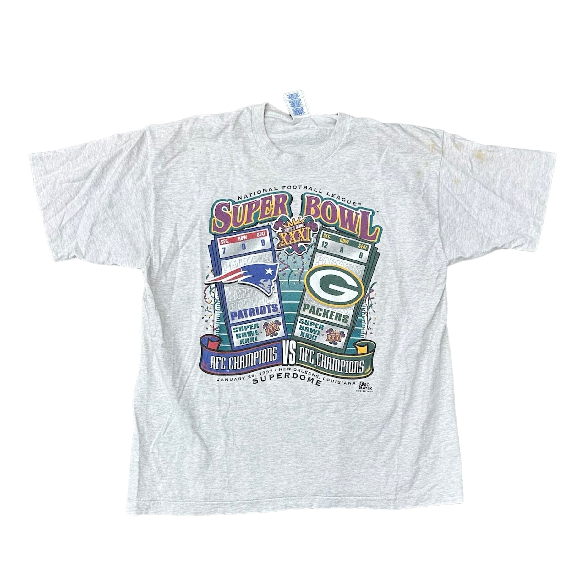 1997 PATRIOTS VS PACKERS SUPER BOWL TICKETS TEE (LR)