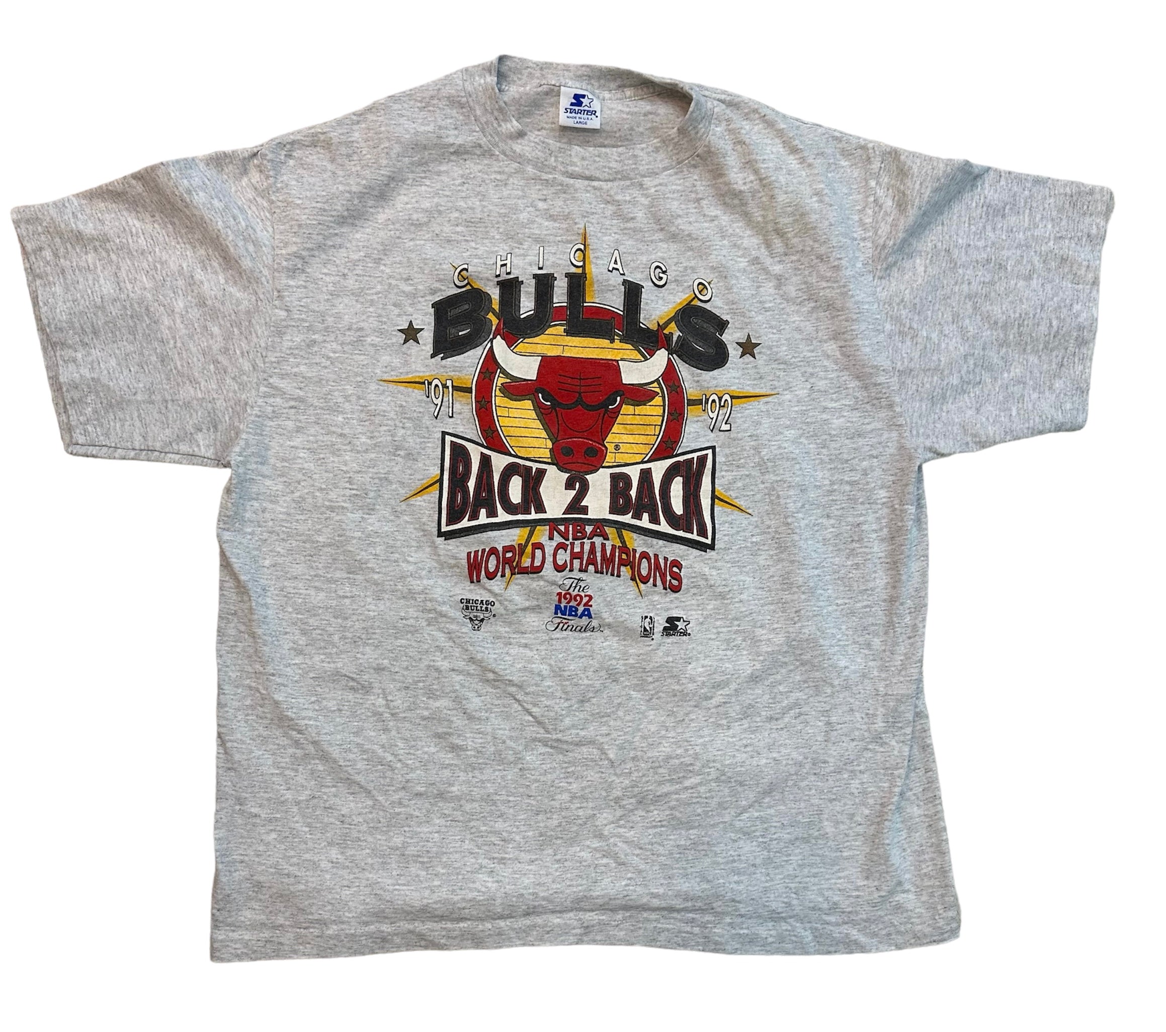 1992 STARTER CHICAGO BULLS BACK 2 BACK CHAMPS TEE (LR)